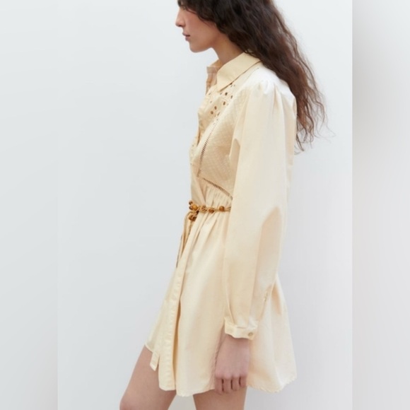 ZARA Sz L Collared Cream Shirt Dress Eyelet Lace Front Puff Sleeves Beaded Belt - Picture 14 of 14